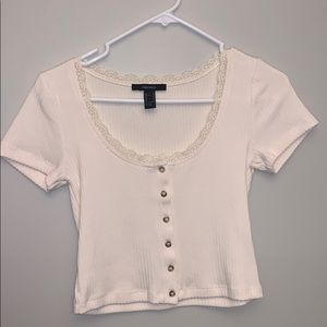 Cream ribbed faux button top with lace